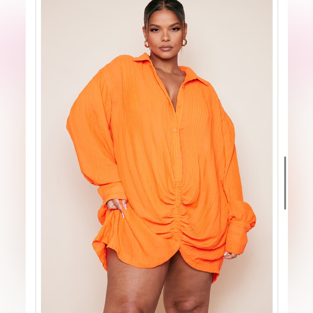 Orange Gathered Long Sleeved Shirt Dress